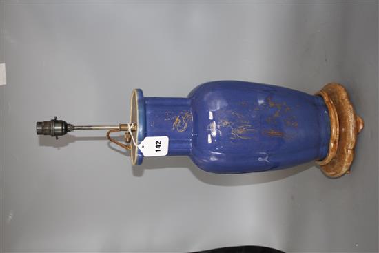 A Chinese blue glazed porcelain lamp base vase, height of the vase 38cm, overall height 62cm